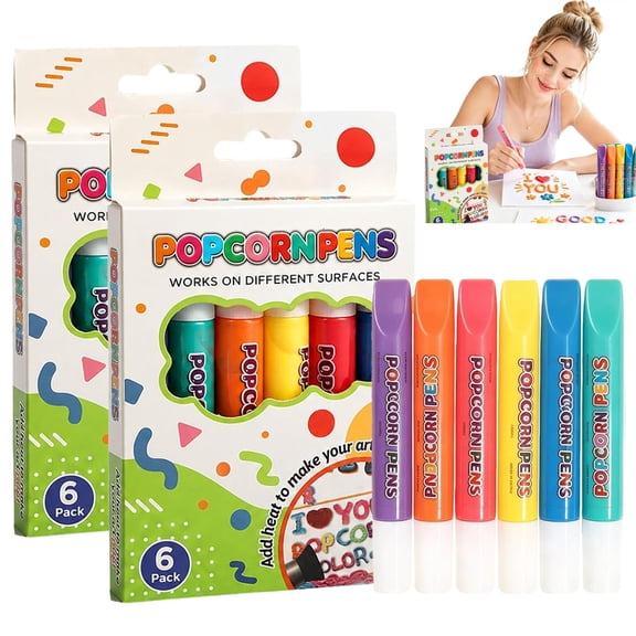Magic Popcorns Pens 3D Puffy Drawing Kit, Bubble Art Markers for Crafts, Magic Popcorns Pens, Create Raised 3D Puffy With Bubble Pens, Includes 6 Vibrant Colors, Dries With Fun Texture - 2 PACK