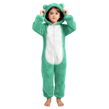 Hinvhai Girls Fleece Zip Up Jumpsuits Kids Hooded Rompers Fuzzy Onesie Winter Warm Zipper Sleepwear