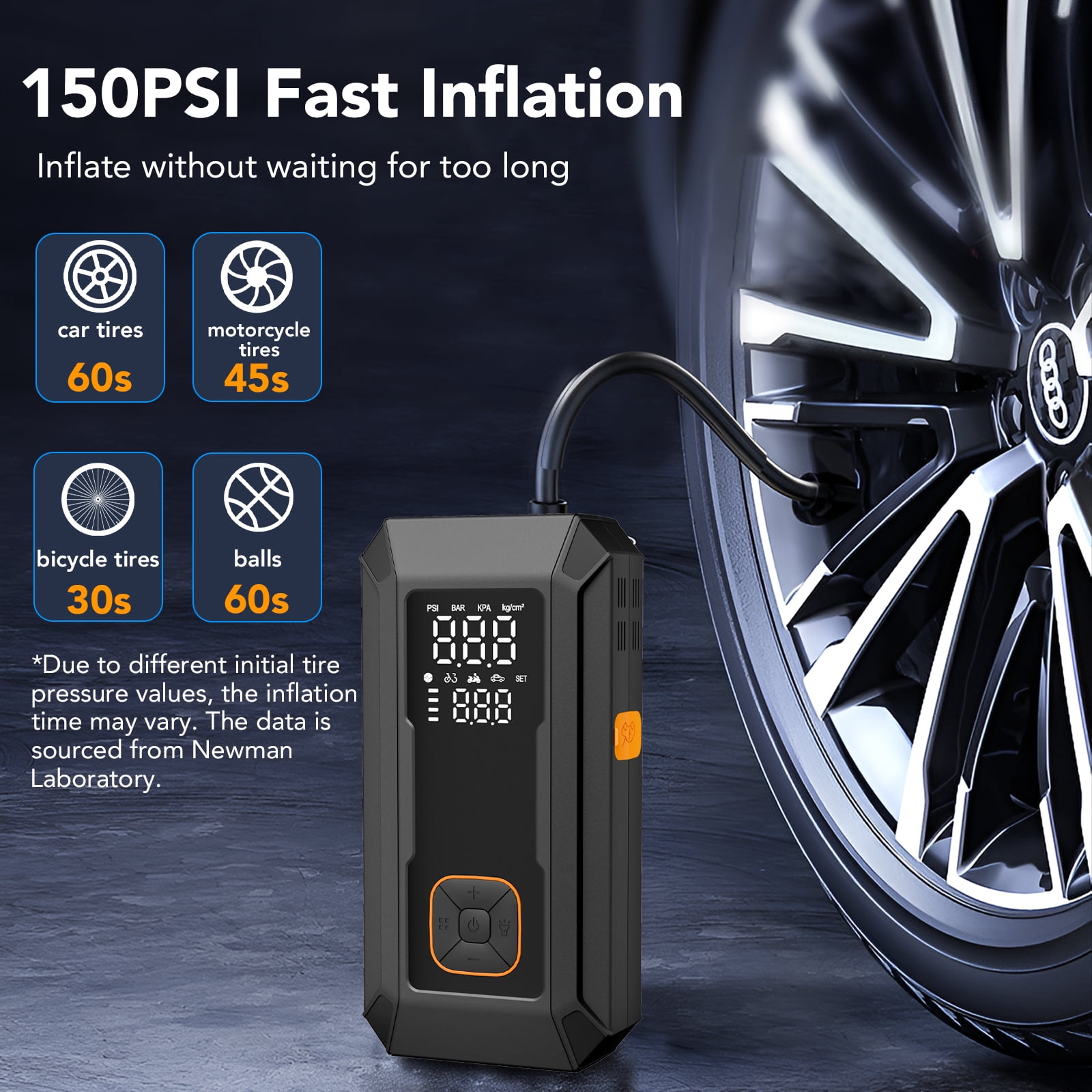 KT1  Car Jump Starter with Air Compressor, 150 PSI, 15000MAH Power Bank, 4000A Jump Starter, Fast Inflation for Car Tires, Bikes, SUV, Trucks & More - Portable Air Compressor with LED Light