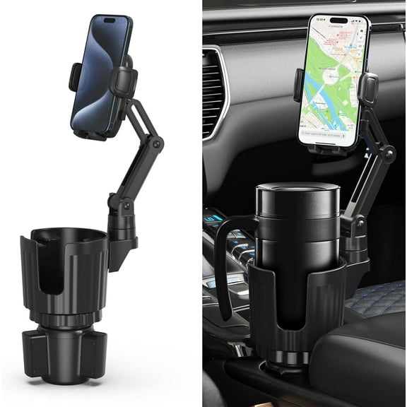 Phone Holders for Your Car, 2 in 1 Universal Cup Holder Expander Adjustable Base with Phone Mount, Long Arm with 360°Rotation Cup Holder Phones Mount for Car Compatible with All Smartphones