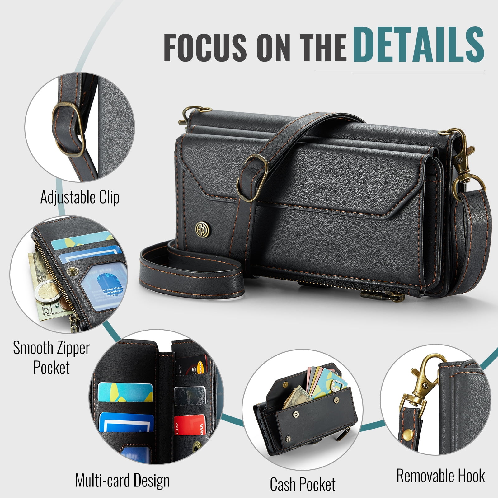 for iPhone 11 Full Body Protection Wallet Folio Flip Case, Shoulder Strap & Wristlet Card Slots Zipper Pocket RFID Blocking Rugged Durable PU Leather Phone Case Cover, Black