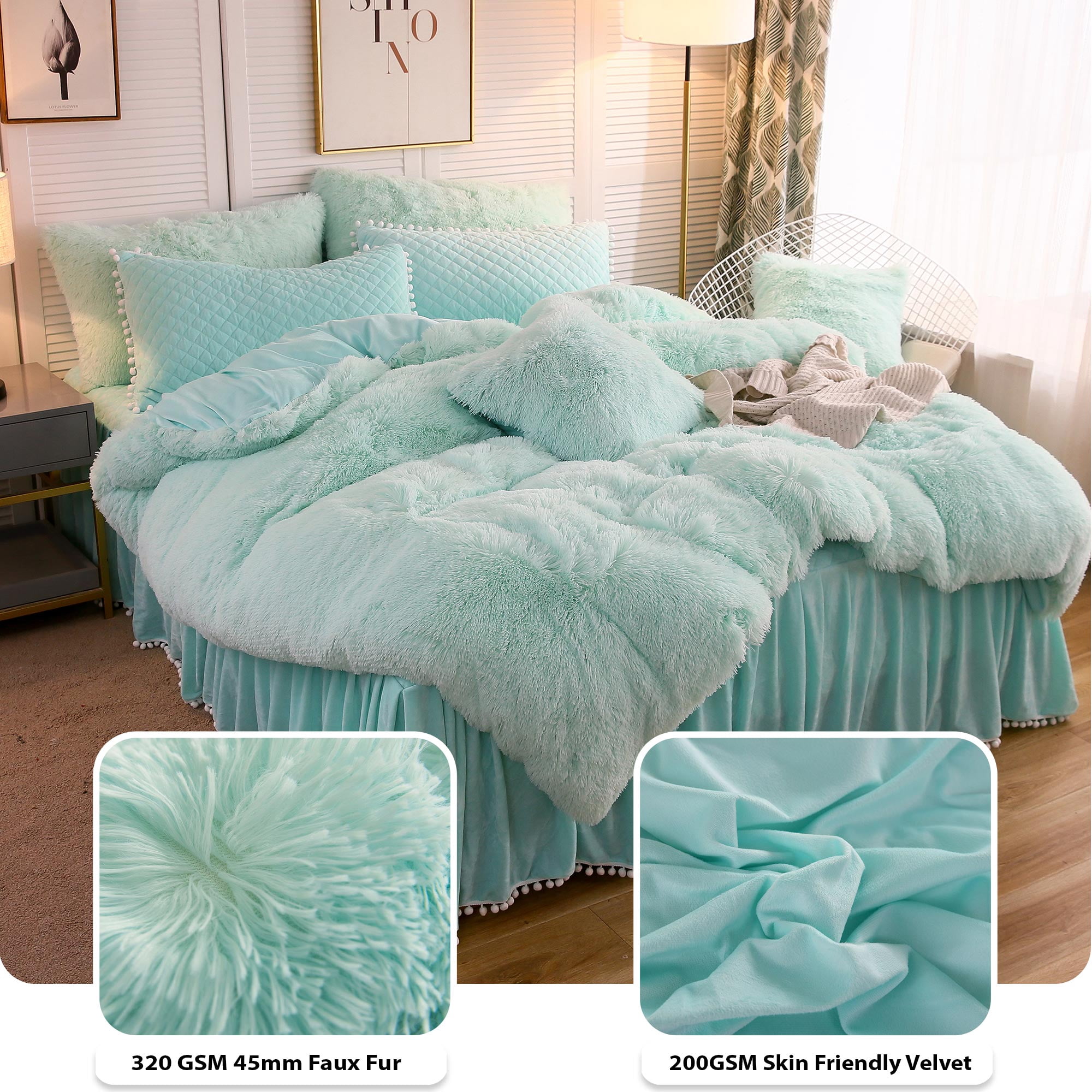 LIFEREVO 2 Pieces Luxury Plush Shaggy Faux Fur Duvet Cover Set(1 Fluffy Fuzzy Comforter Cover + 1 Pompoms Fringe Quilted Pillow Shams), Zipper Closure, Twin Size, Aqua