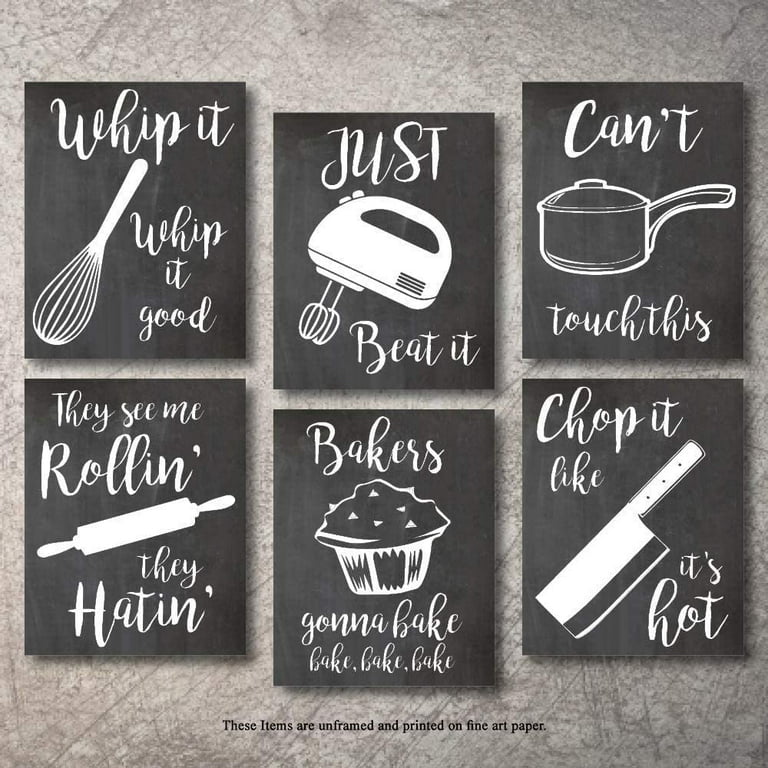 Home Decor Funny Gift 6 Kitchen Wall Art Prints Kitchenware with Sayings  Unframed Farmhouse Home Office organization Signs Bar Accessories  Decorations sets white house Deco Kitchen Decor (8x10) 
