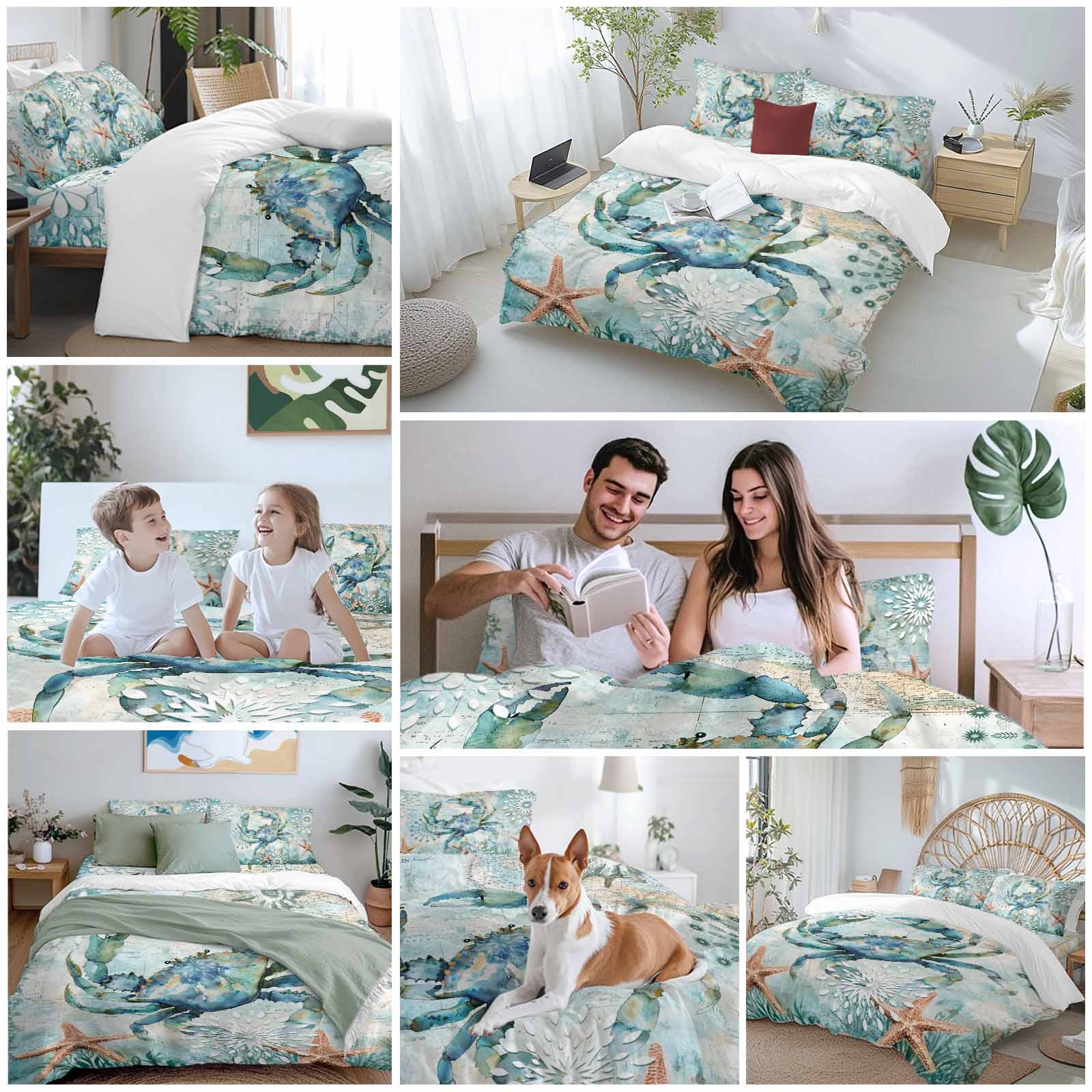 Retro Sea Crabs Bedding Duvet Cover Set Twin Size 4 Pieces Sea Stars Corals Ocean Animals Bedding Set with Zipper Closure, 1 Comforter Cover 68x86 Inches 1 Flat Sheet & 2 Pillow Cases