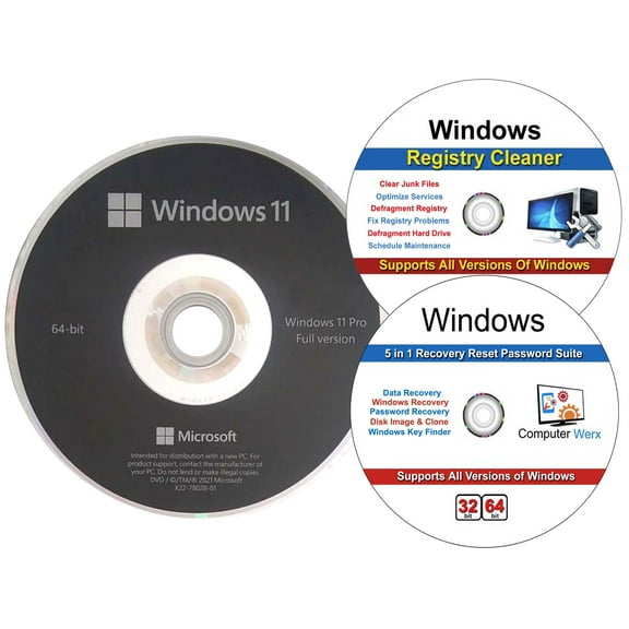 Windows 11 Professional OEM 64 Bit DVD, Registry Cleaner & 5 in 1 Recovery Reset Password Suite