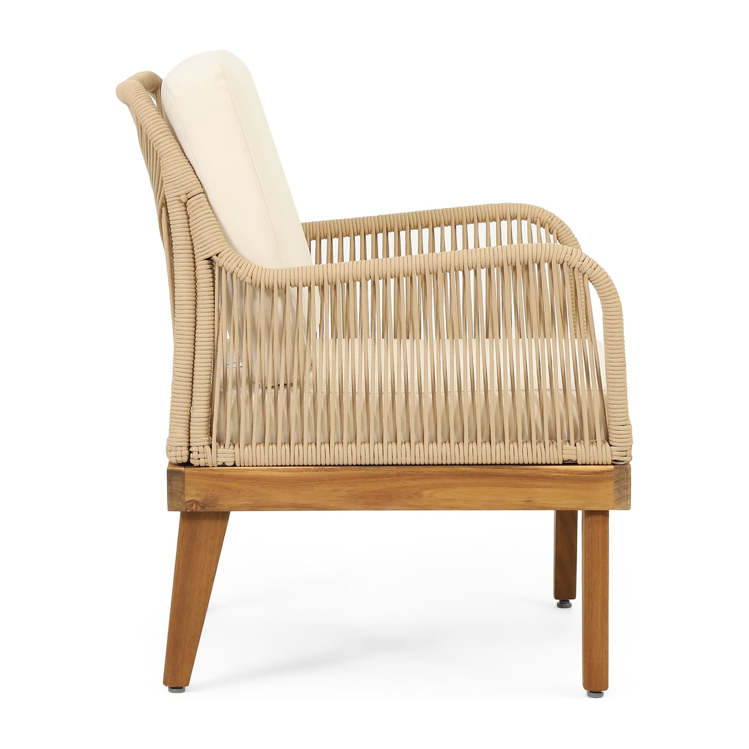 Outdoor Single Leisure Chair, Acacia Wood and Rope Weave Integrated Design for Patio Garden, Teak and Beige