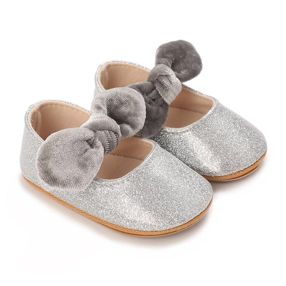 BRICH Baby Girls Mary Jane Flats Anti- Rubber Sole Bow Toddler Princess Dress Shoes,Size 0-18 Months Silver 12-18 Months