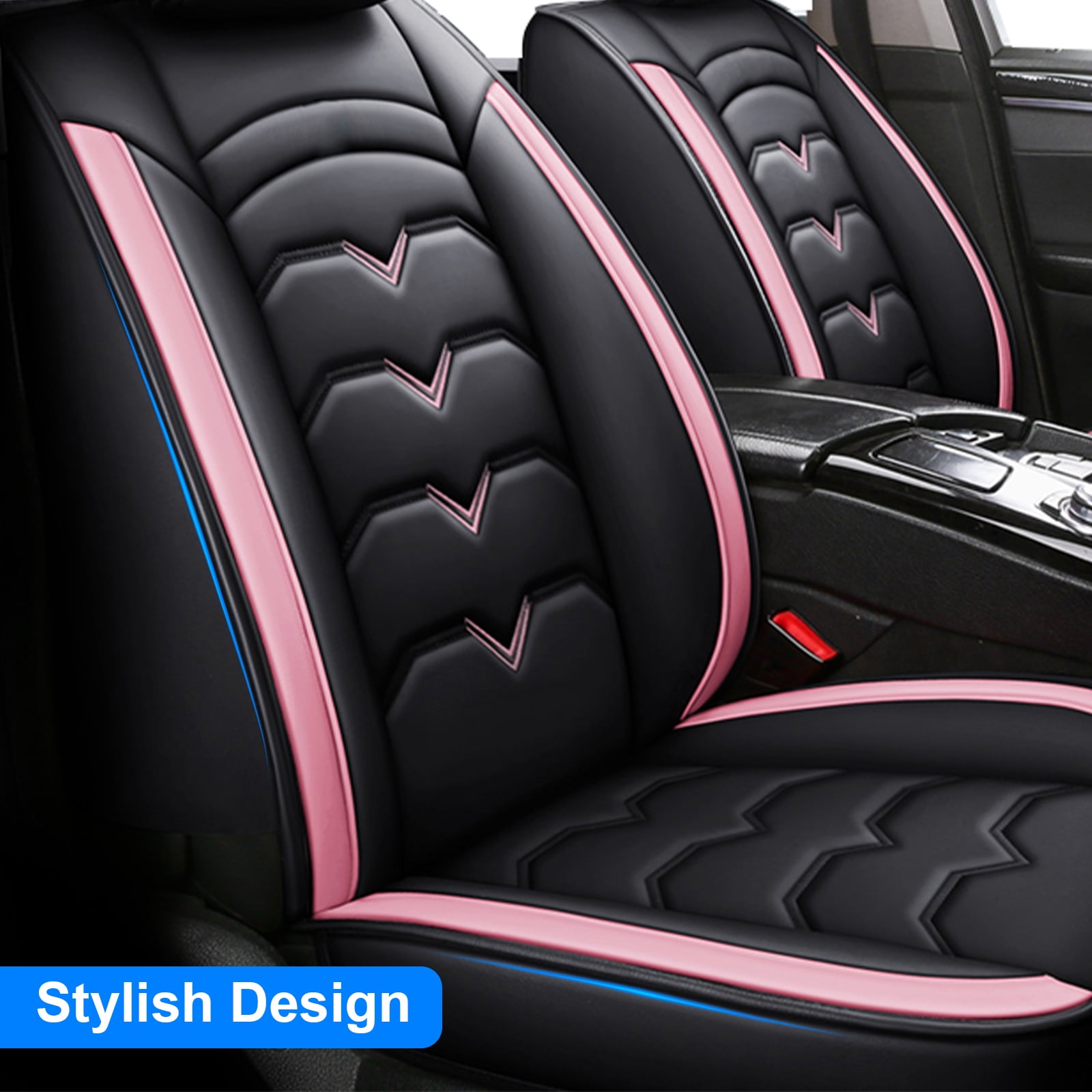 FANOTEK Black and Pink, Premium Leather, Full Set, Front and Rear Seat Covers, 5 Pieces