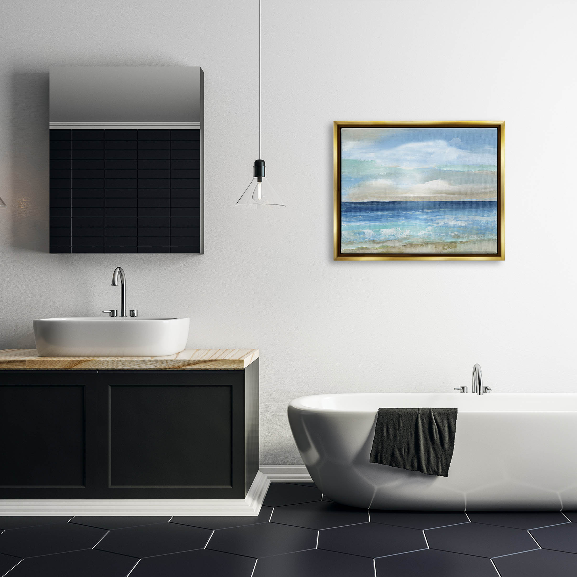 Stupell Industries Crashing Ocean Ripples Scenery Painting Metallic Gold Floating Framed Canvas Print Wall Art, Design by Nan