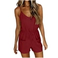 thumbnail image 2 of Romper Swimsuits for Women Spaghetti Strap Short Romper for Women Soft Drawstring High Waist Loungewear Casual Jumpsuit Shorts with Pockets Wine L, 2 of 6