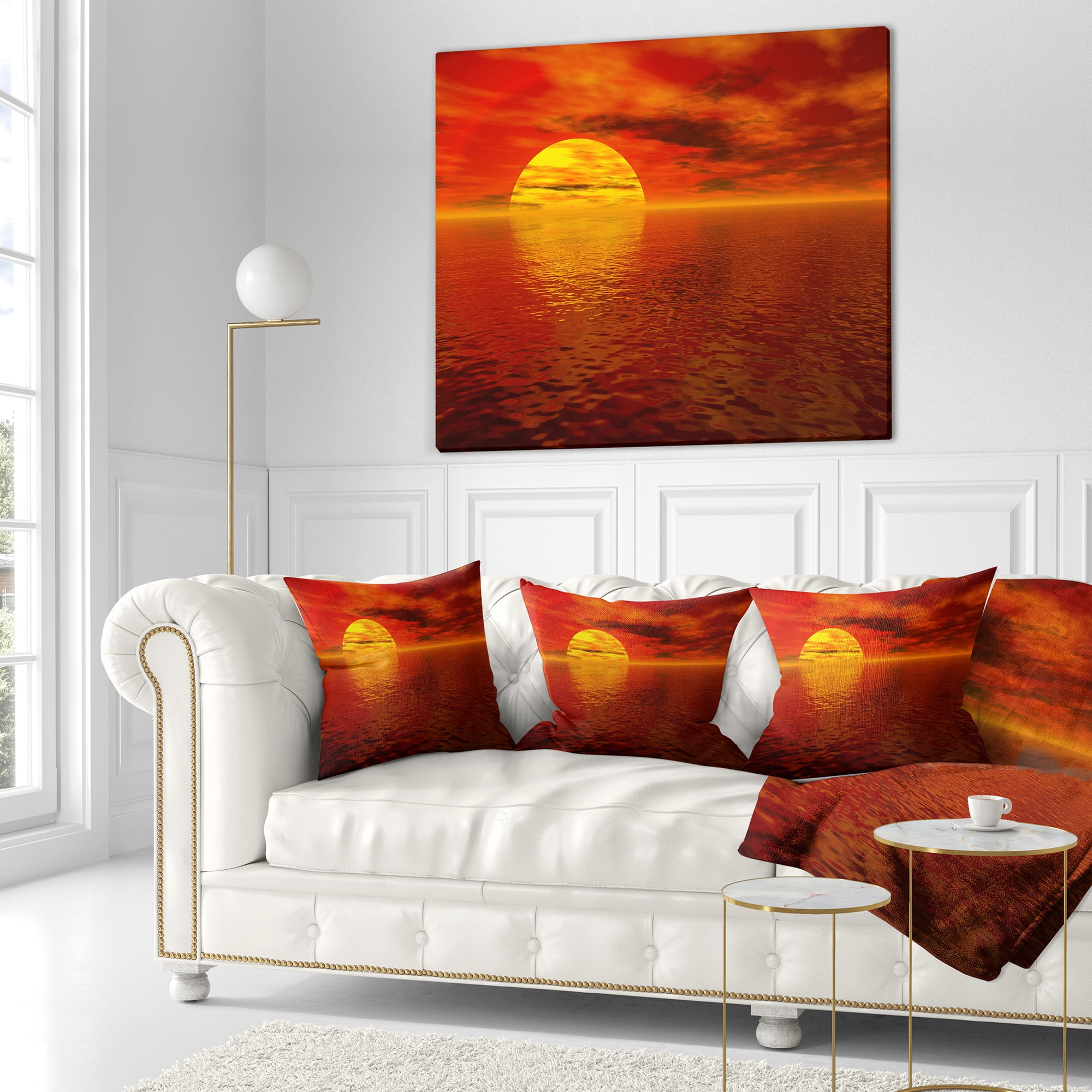 Designart Sun Falling to Yellow Ocean - Seashore Throw Pillow - 16x16