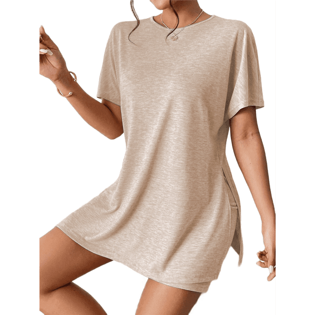 Conjunto de Dos Piezas de Corta para Mujer: Camiseta Holgada y Shorts Estilo Biker, Color Albaricoque L