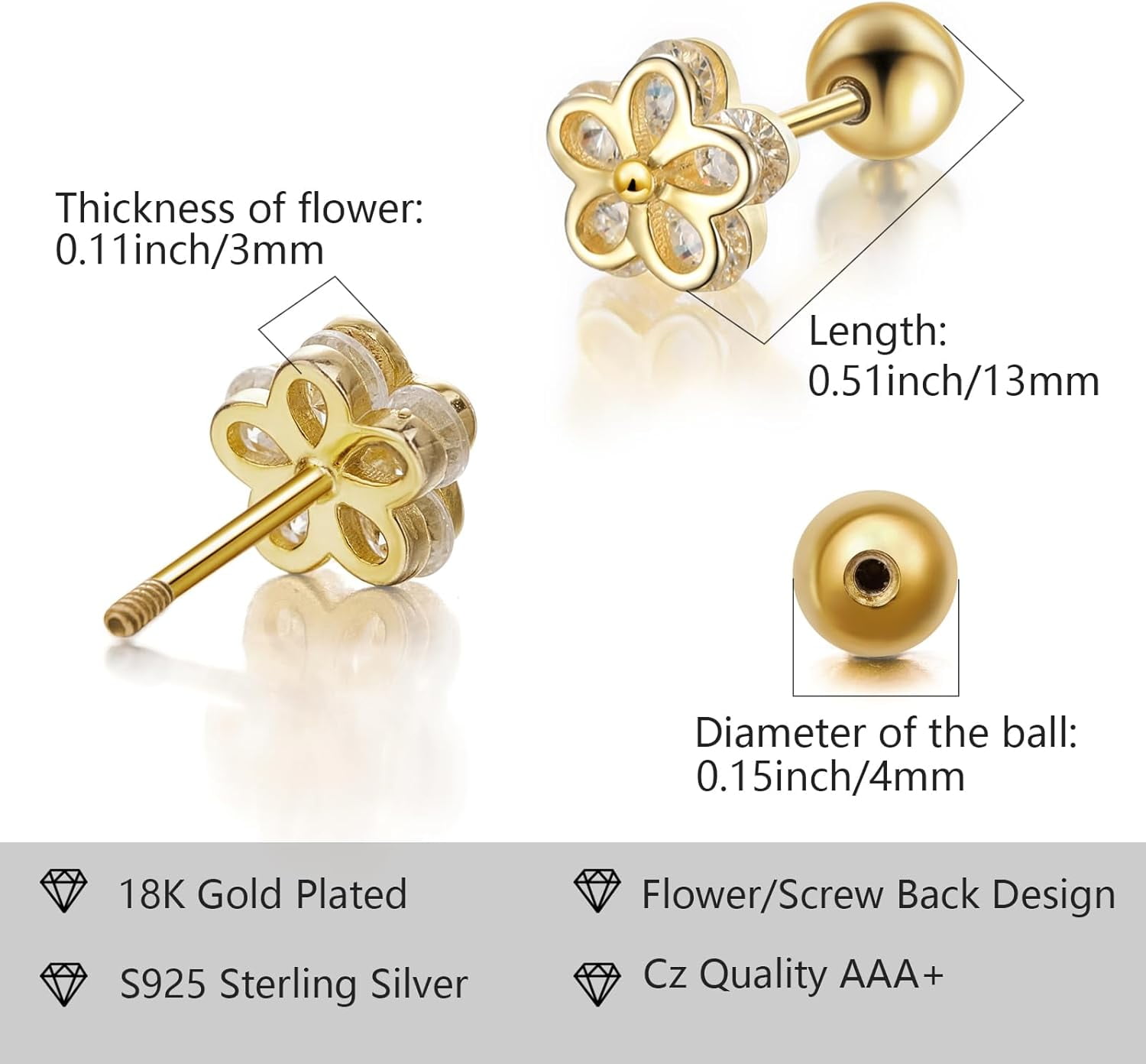 Gold Stud Earrings 925 Sterling Silver 18K Gold Plated Cubic Zirconia Screw Back Cute Hypoallergenic for Women Jewelry Gift Mother's Day