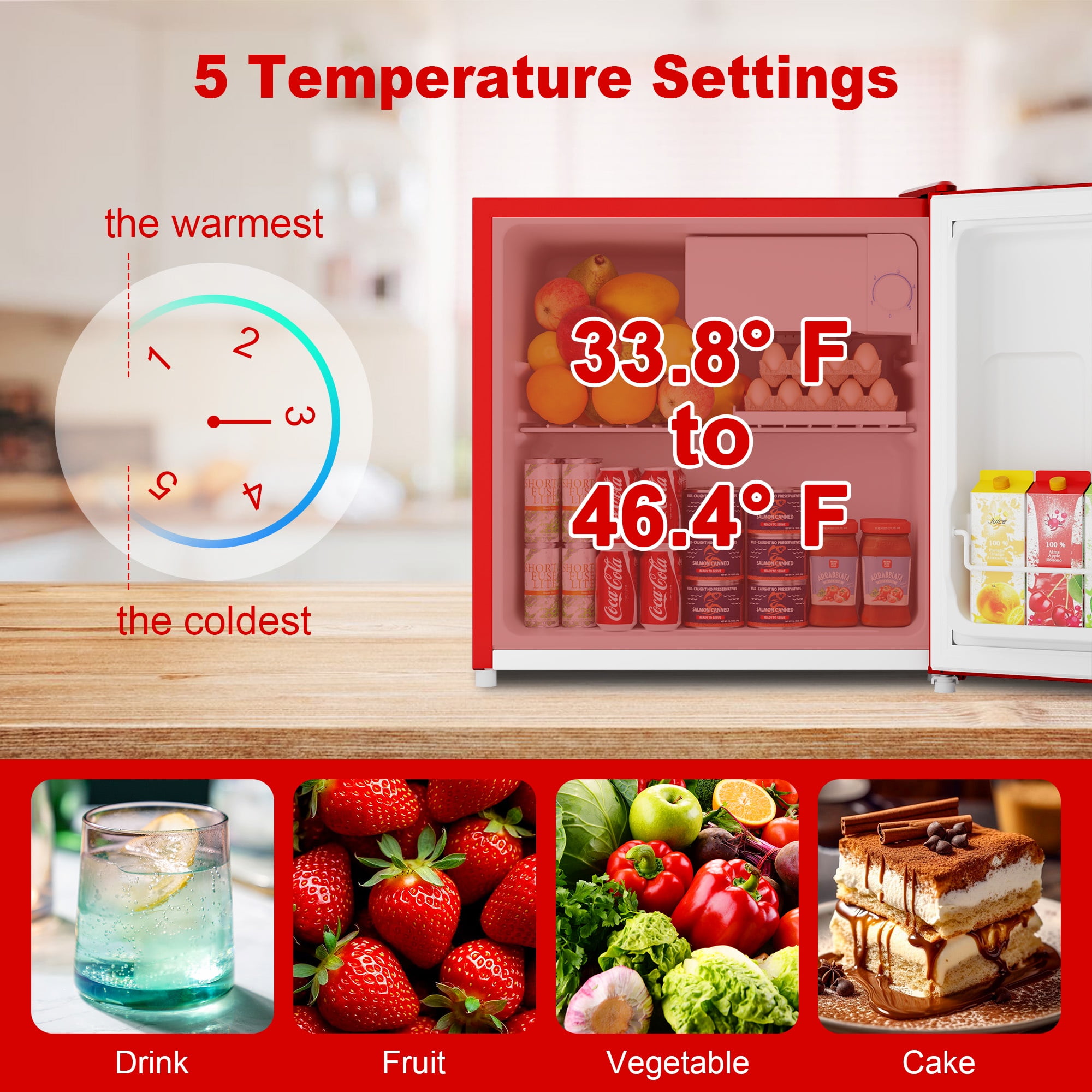 BANGSON 1.6 Cu.Ft Compact Refrigerator with Freezer, Energy Saving & Low Noise Mini Fridge for Office, Dorm, Bedroom - Adjustable Temp, Reversible Door,Red