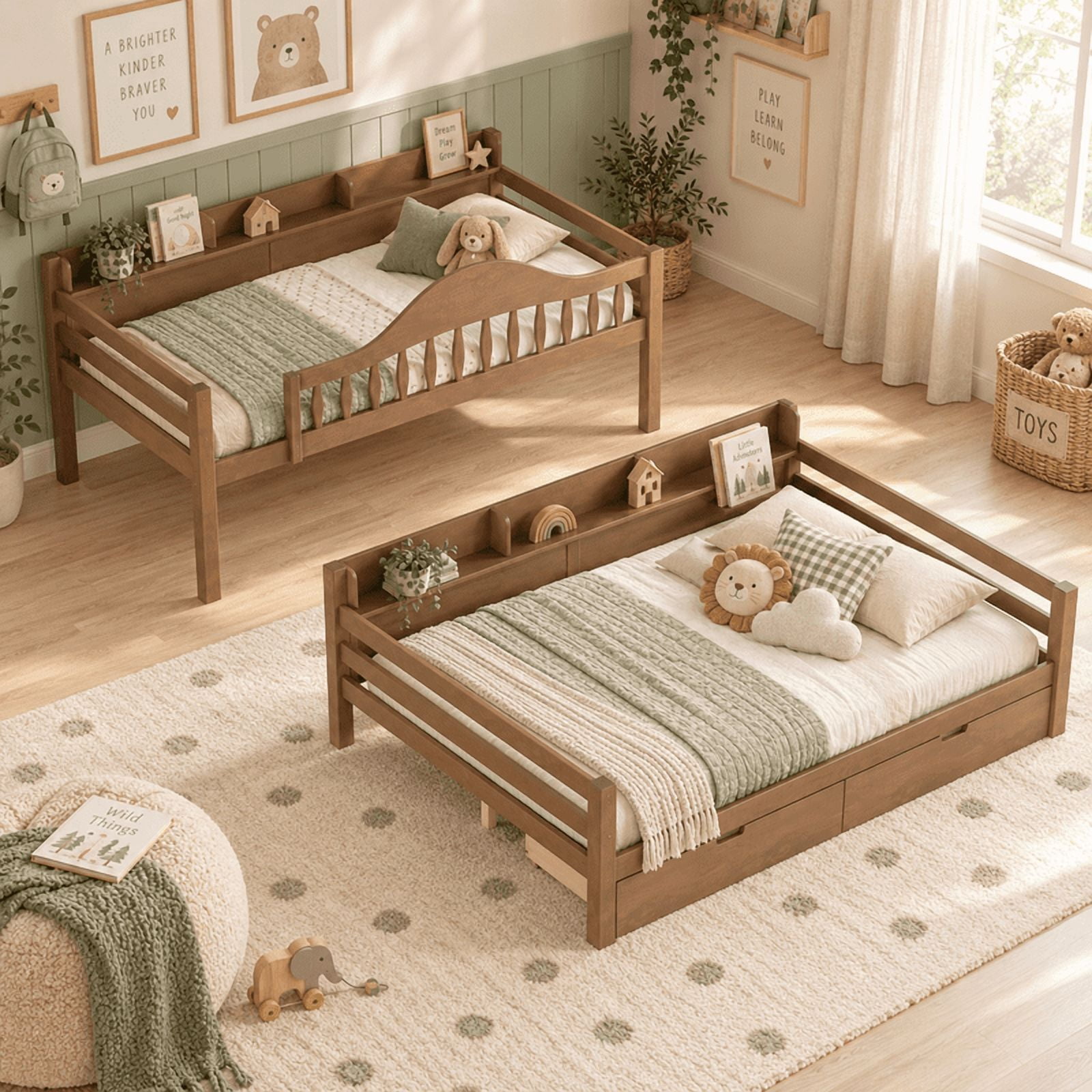 Twin Over Full Bunk Bed with 2 Storage Drawers, Solid Wood Kids Bunk Bed with Curved Guardrails, Side Storage Shelves and Ladder, No Box Spring Needed