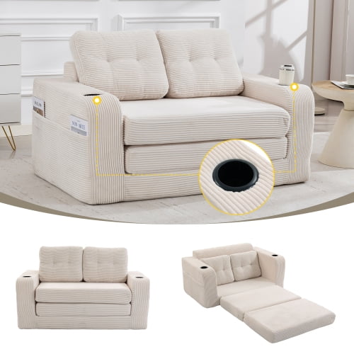 54" Convertible Sleeper Loveseat Couch, Pull-Out Couch Bed with Corduroy Fabric, Convertible Loveseat Sofa Bed with Memory Foam for Lounge, Beige