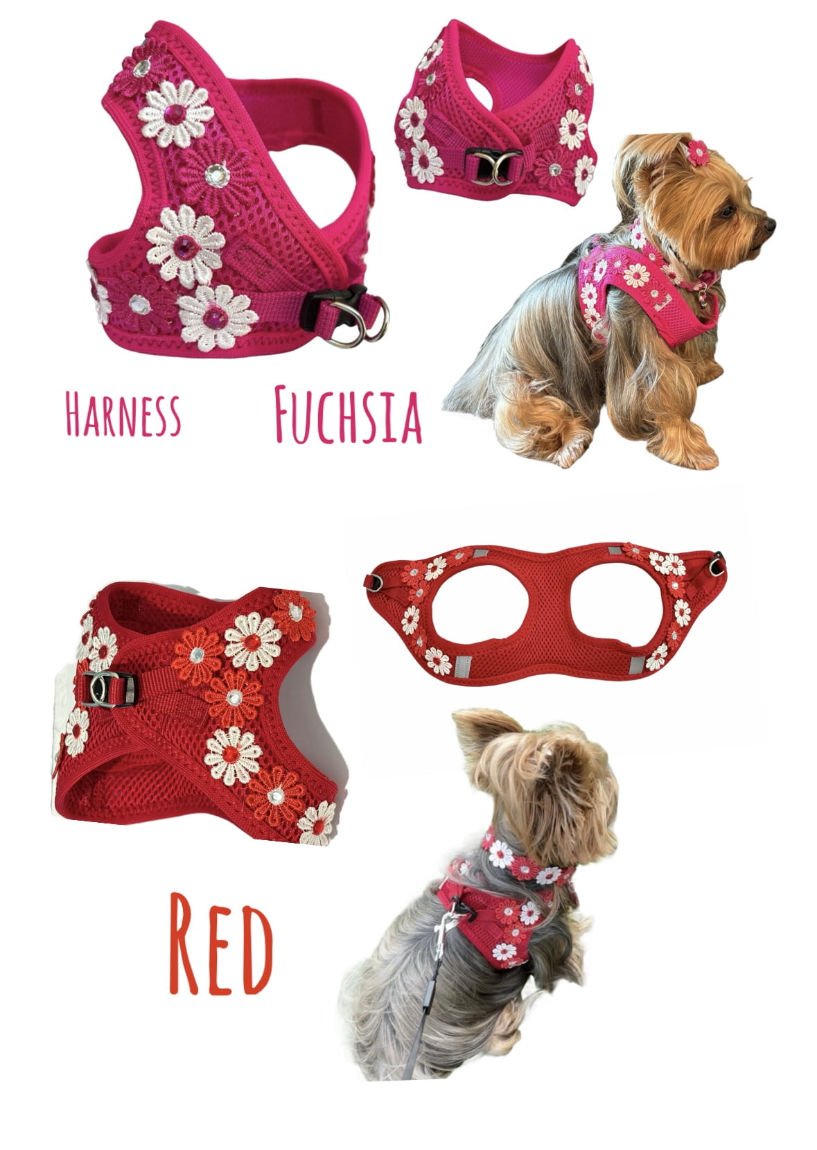 Harness, Luxurious adjustable for dogs or cats with Flower and Stone decoration for Pets.Handmade.
