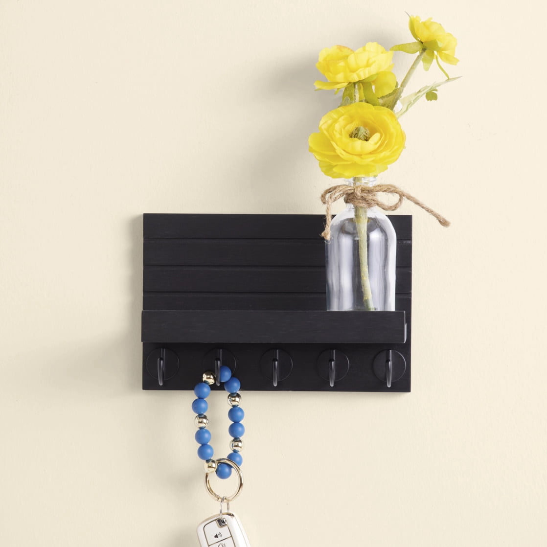 Mainstays Shelf Mail and Key Wall Mount Rack Organizer with 5 Key Hooks, Black