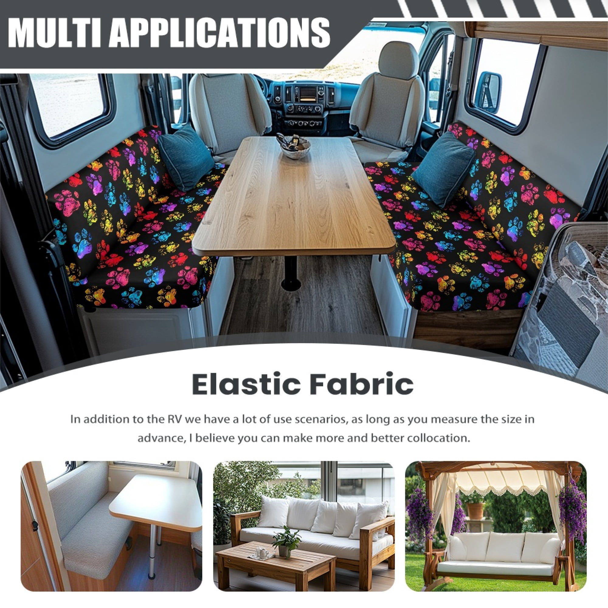 Yuyamidu Colorful Dog Paw RV Dinette Cushion Slipcover Washable RV Couch Covers for Sofa Soft RV Cushions Replacement for Travel Trailer Couch 2 Pcs Camper Couch Cushion Covers