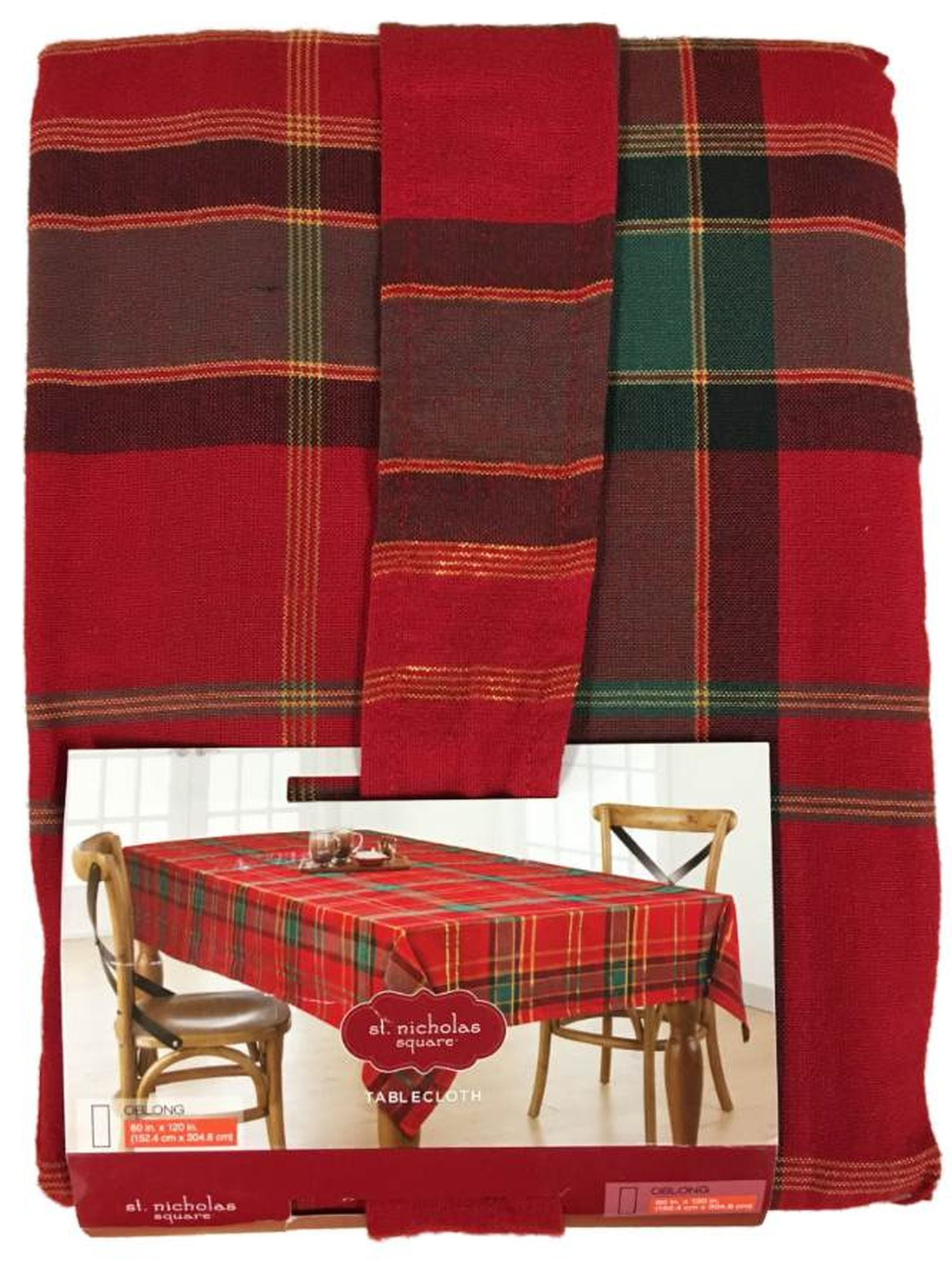 St Nicholas Square Christmas Plaid Tablecloth Rich Red & Gold Metallic