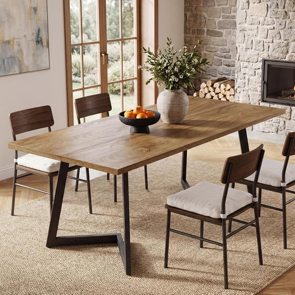 Finmind 62.2" Farmhouse Dining Table for 4–6, Industrial Kitchen Table with Metal Legs, Rustic Brown & Black