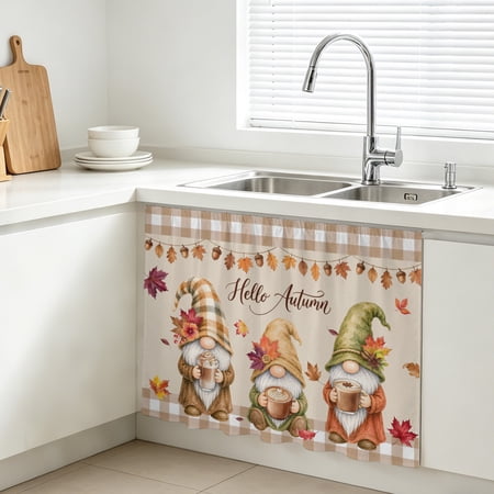 Fall Coffee Gnomes Cabinet Curtain Thanksgiving Maple Leaf Brown Plaid Khaki Sink Skirt for Bathroom Under Sink shelf Curtain Privacy Drape for Kitchen Laundry Room 11x13in