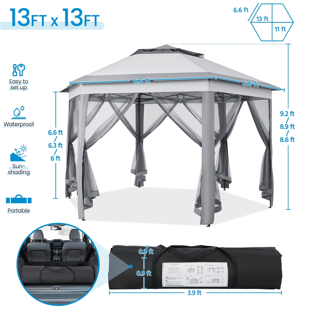 Renwick 13×13 Ft Hexagonal Outdoor Gazebo with Side Walls, Light Gray/Dark Gray