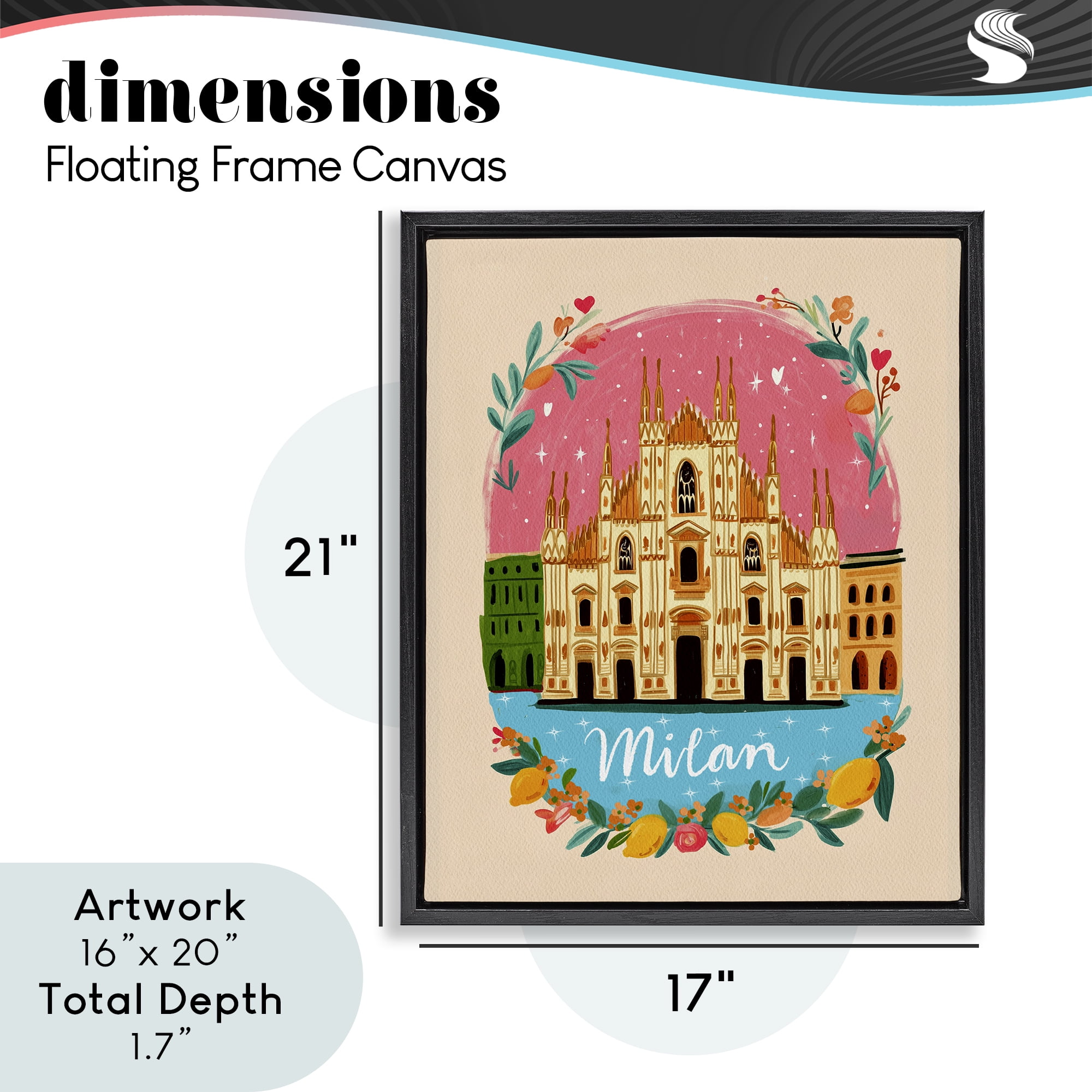 Floral Bordered Milan Black Framed Floater Canvas Wall Art, design by Yen