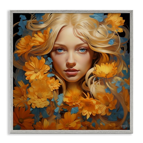 Stupell Industries Art Deco Girl with Cascading Flowers Gray Framed Giclee Art, 12 x 12, by RB