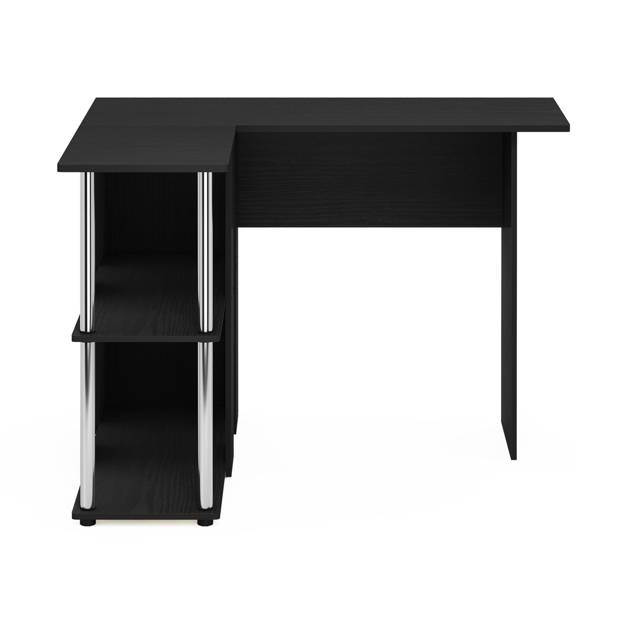 Furinno Abbott L-Shape Desk with Bookshelf Americano Stainless Steel Tubes