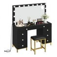 thumbnail image 2 of Uforic 55" Vanity Desk with Lighted Mirror & Power Outlet & 8 Drawers, Modern Makeup Vanity Table Set with Storage Stool, Black, 2 of 9