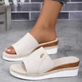 thumbnail image 5 of Women’s Denim Fabric Jute Trim Wedge Slide Sandals, Metal Button Decor Open Toe Indoor Outdoor Platform Slippers, 5 of 6