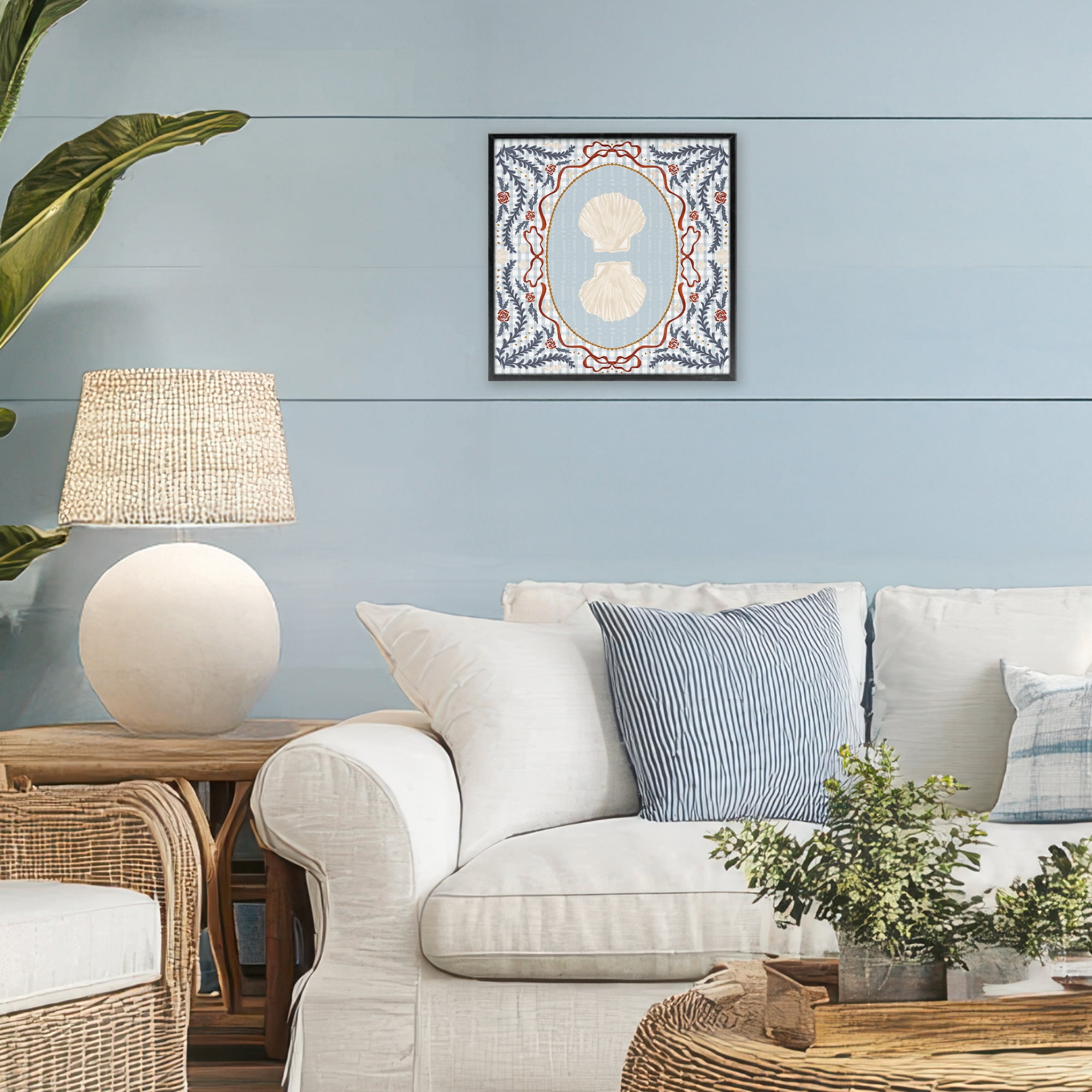 Stupell Industries Shells Portrait on Gingham Black Framed Giclee Art, design by Vero Illustrates