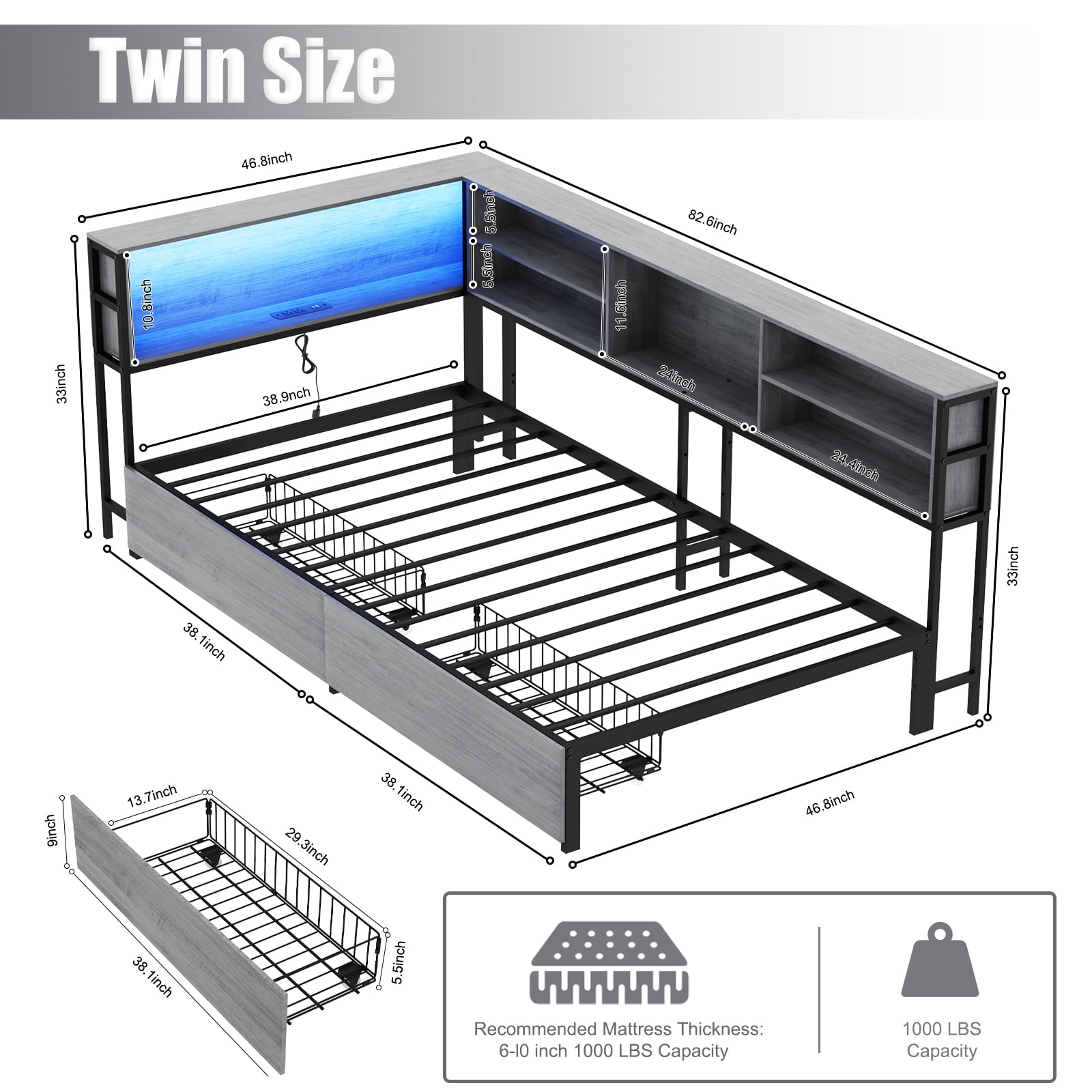 Yoneston Twin Corner Bed with Bookcase Headboard & Charging Station, Platform Bed Frame with LED Lights & 2 Storage Drawers for Bedroom Living Room, Gray