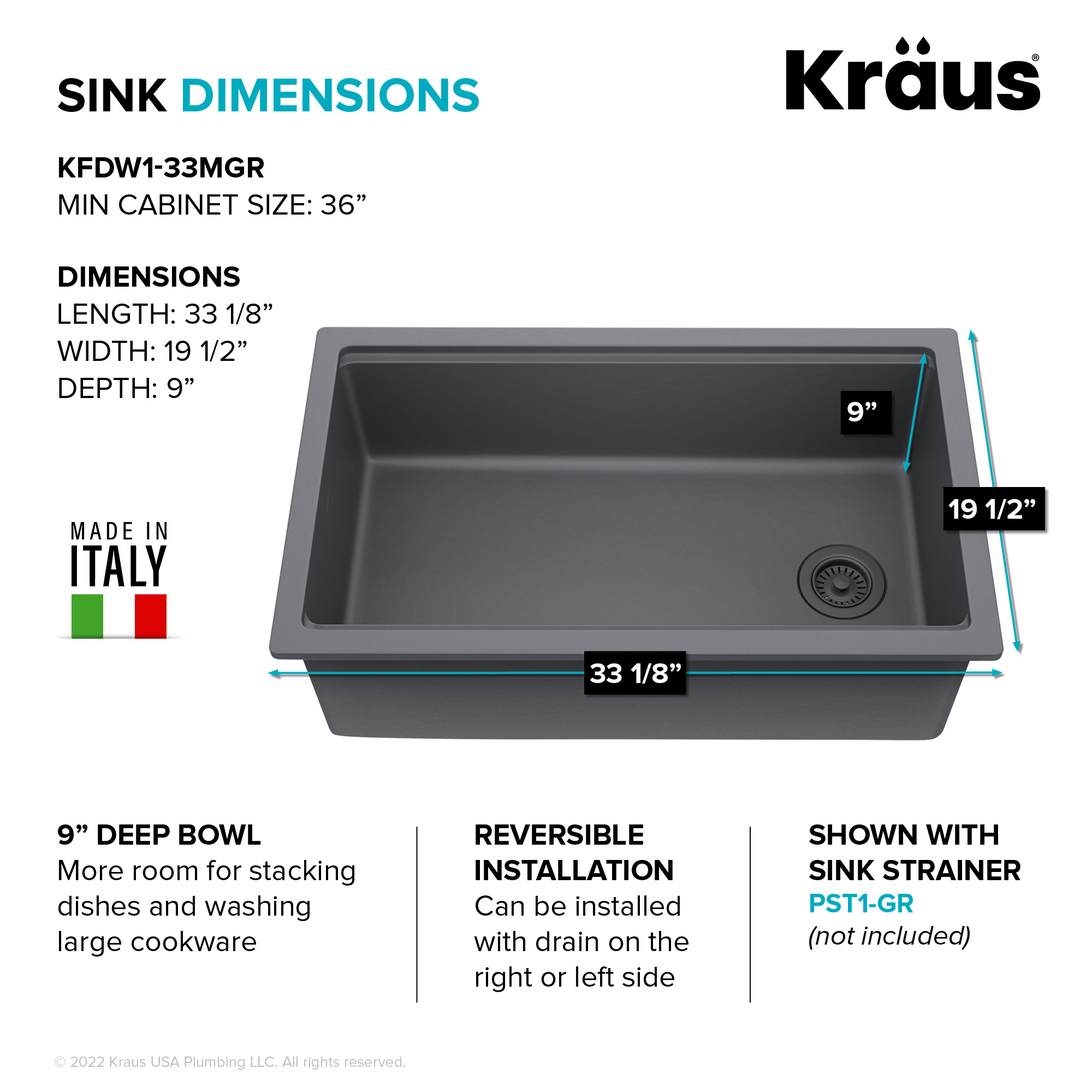 KRAUS Turino 33 Fireclay Workstation Drop-In / Undermount Single Bowl Kitchen Sink in Matte Grey