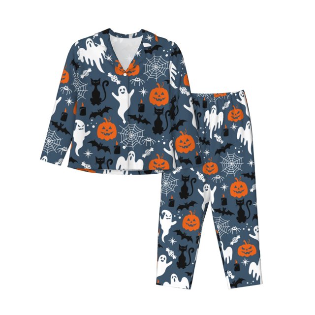 Balery Halloween Conjunto de Pijama con Estampado para Mujer, Conjunto de Dos Piezas con Manga Larga, Ropa de Dormir Suave con Bolsillos, Pijamas Cómodos-XX-Large