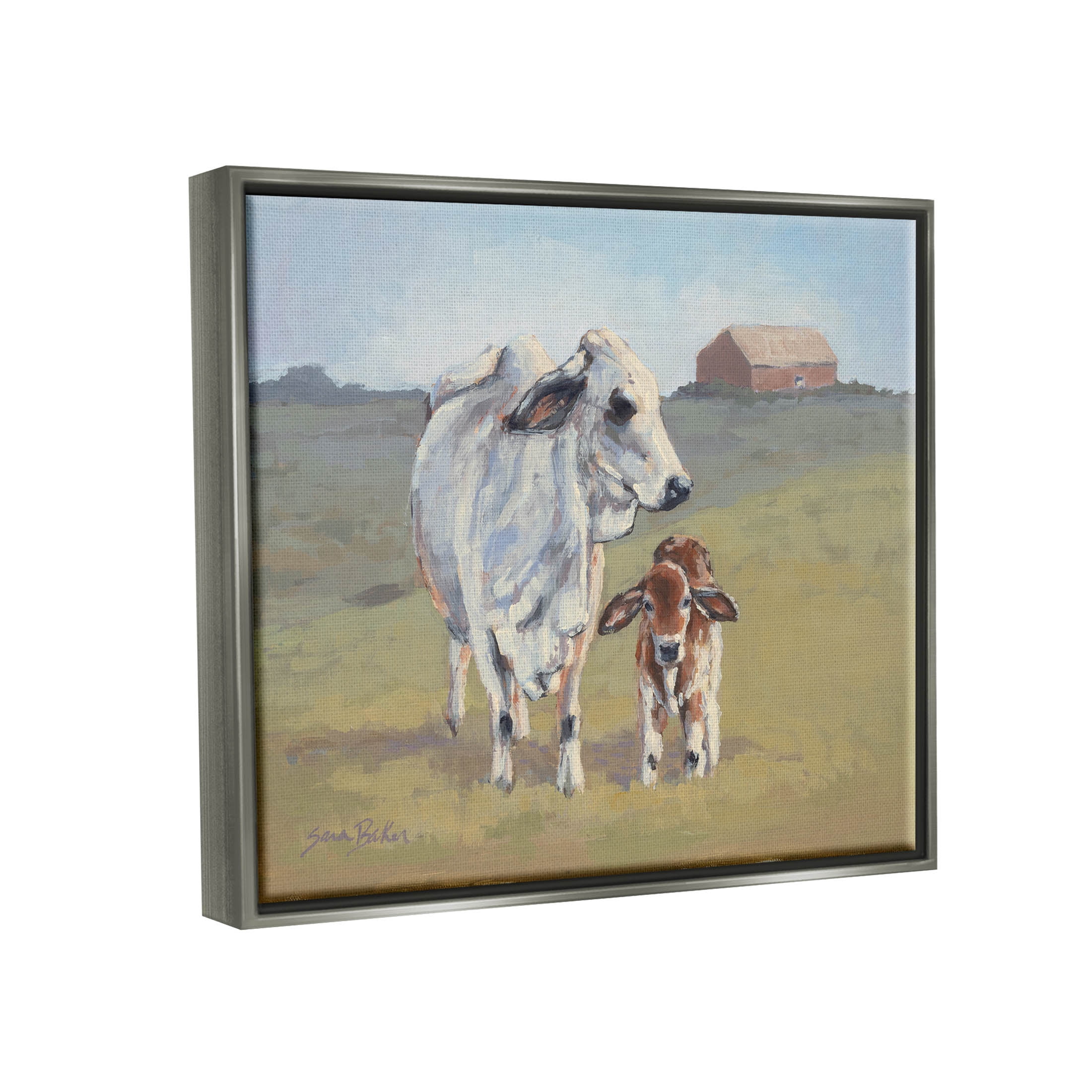 Baby Cow Family Farm Portrait Animals & Insects Painting Luster Gray Framed Art Print Wall Art