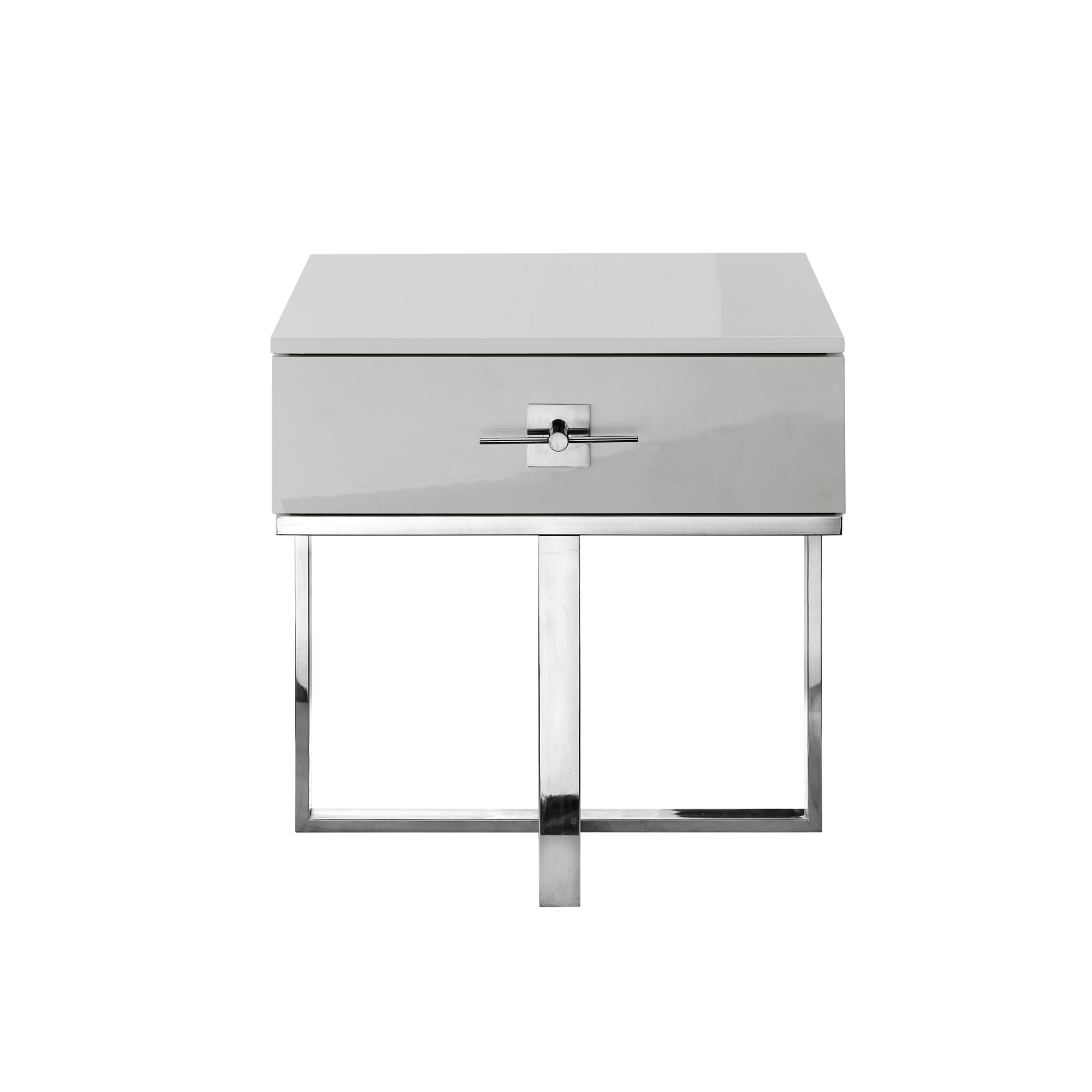 Hilo Light Grey Chrome Side Table - 1 Drawer, Hight Gloss Lacquer Finish, Polished Stainless Steel Base