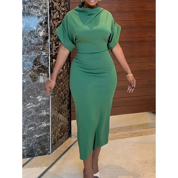 Plus Size Elegant Bodycon Dress - High Neck, Short Sleeve, Slight Stretch Polyester Fabric, Machine Washable, Solid Color, Perfect for Spring & Summer - Womens Fashion Clothing