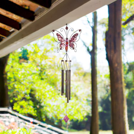 ICE ARMOR 42' Long Pink Metal Wired Butterfly Wind Chime with Gem