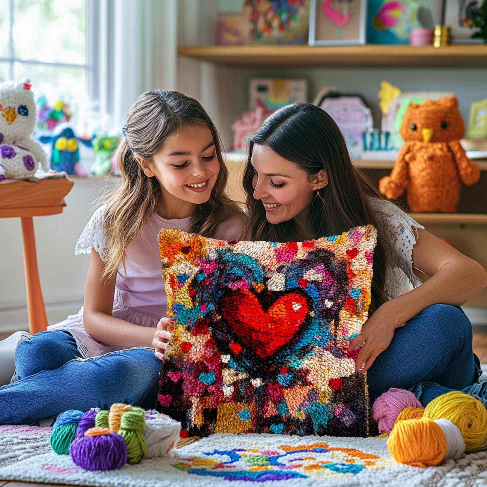Abstract Textured Hear-shape in Red DIY Latch Hook Pillow Kits for Adults Printed Pillowcase Crochet Yarns Hooking Handmade Pillow Cover Cushion for Home Sofa Decoration 17x17inch