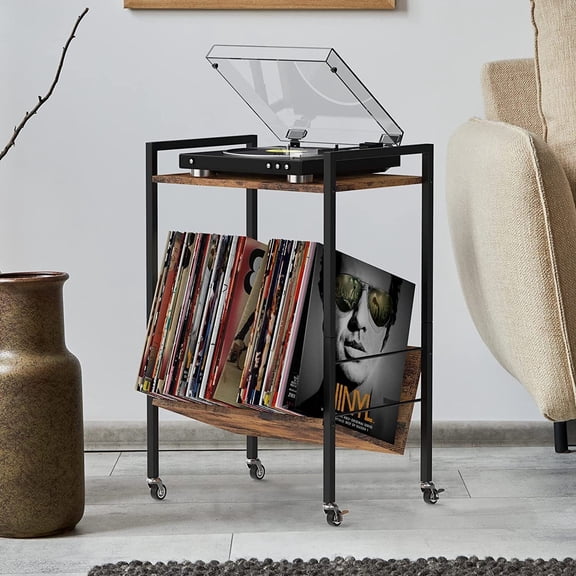 Vinyl Record Player Stand Table w/Wheel Storage Shelf Small End Table Book Shelf