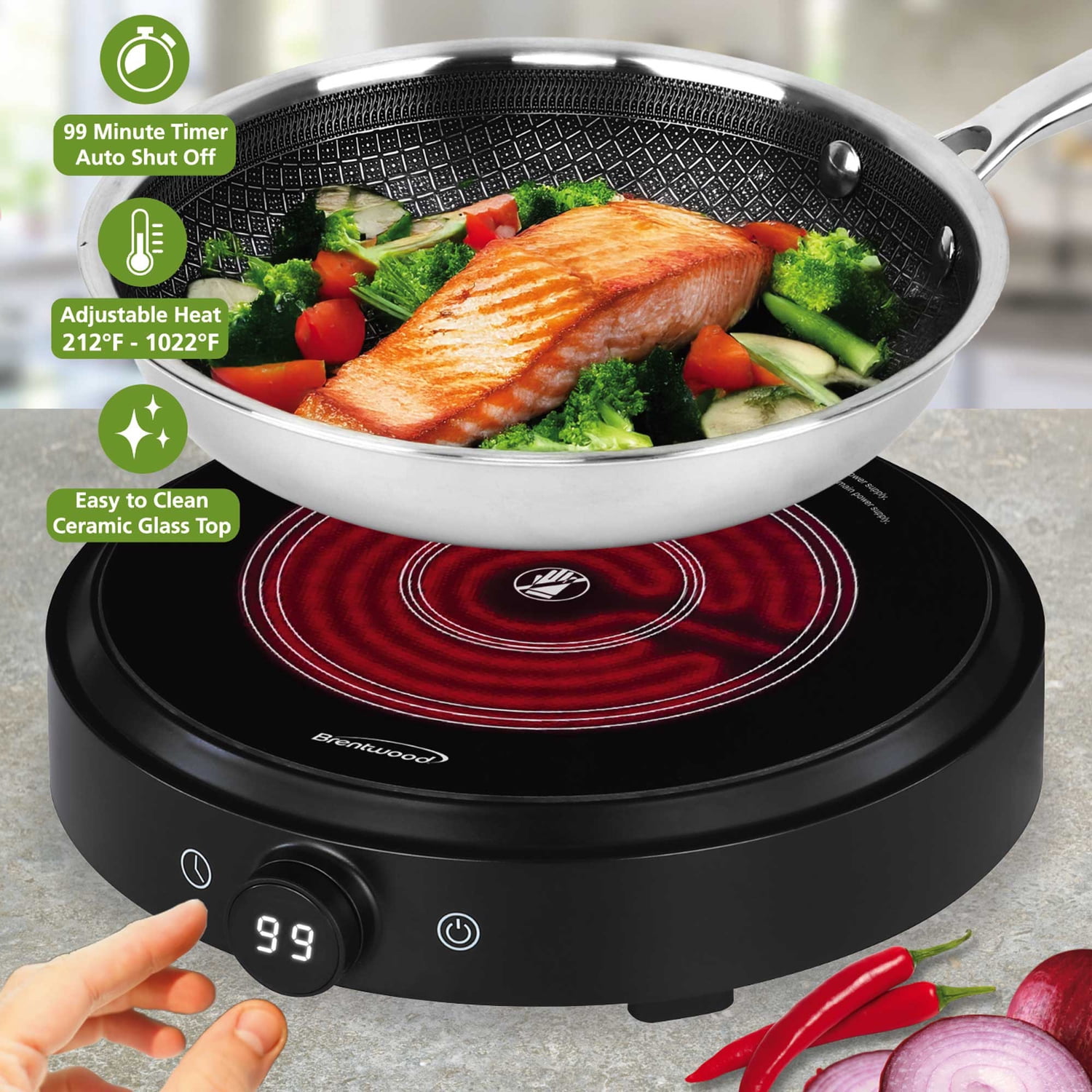 Brentwood Select 1,300-Watt 10-In. Countertop Ceramic Glass Cooktop Surface with Single 8-In. Infrared Burner, Black