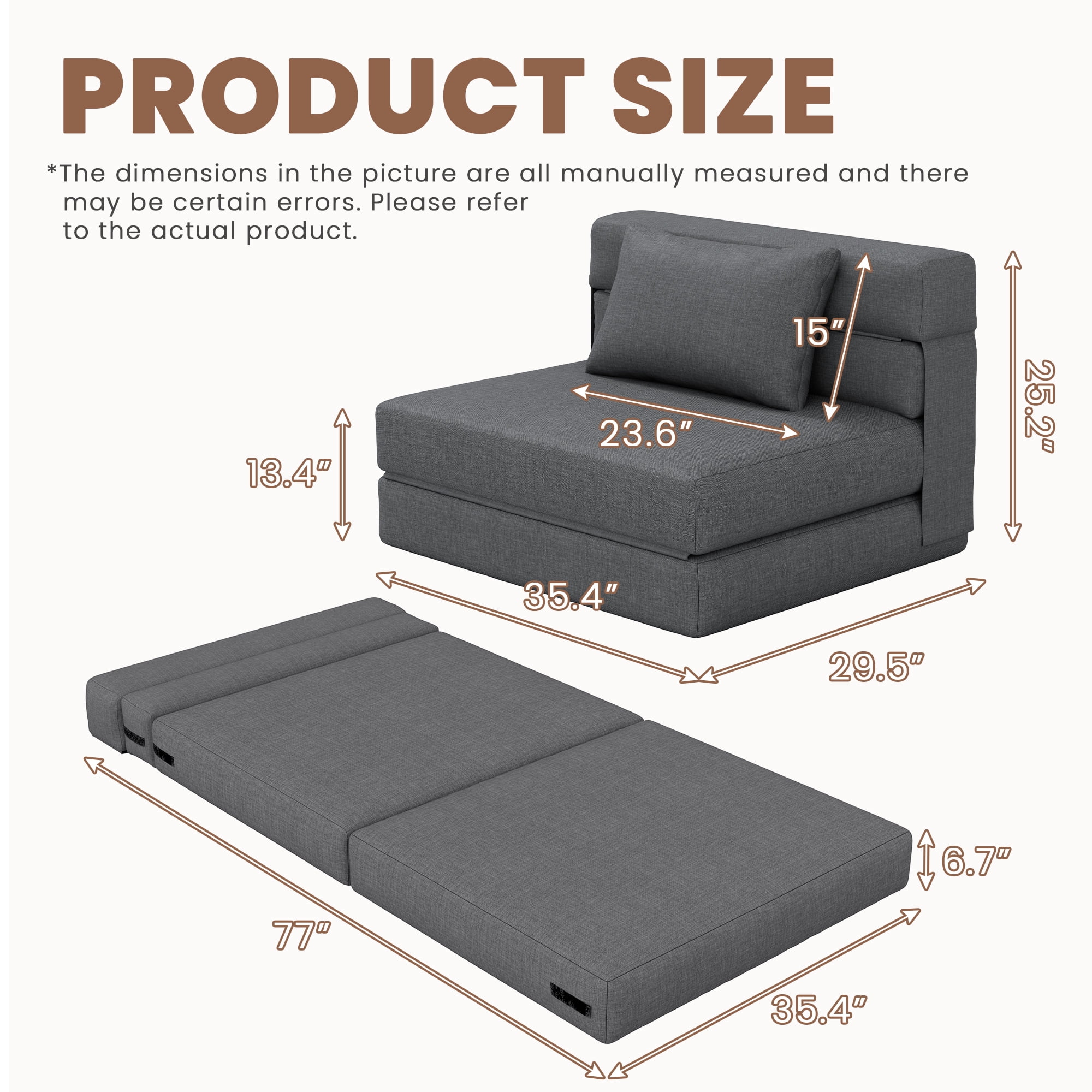SERWALL Modular Folding Sofa Chair, 4-in-1 Convertible Sofa Bed, Foldable Sofa Chair for Bedroom, Grey