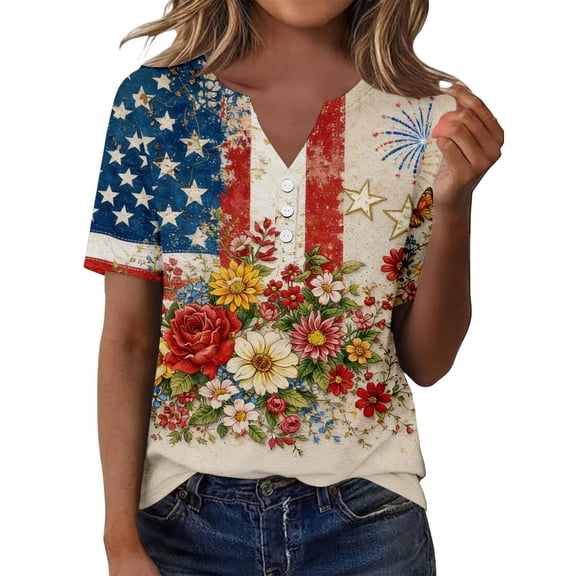 MEICHEN Lidies' Patriotic Graphic Tees Tops Summer Printed Short Sleeve Blouses America 250th Anniversary Casual V Neck T Shirt