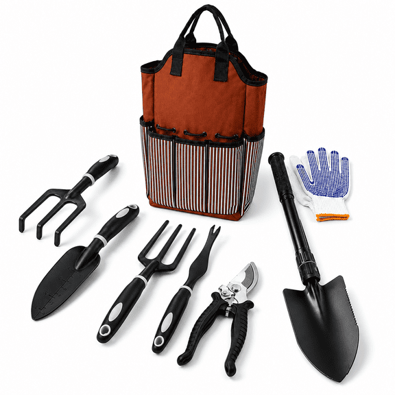 TEIPUERY 8-Piece Garden Tool Set, Complete Gardening Kit with Tote Bag, Hand Tools for Planting, Weeding, Digging and Yard Work