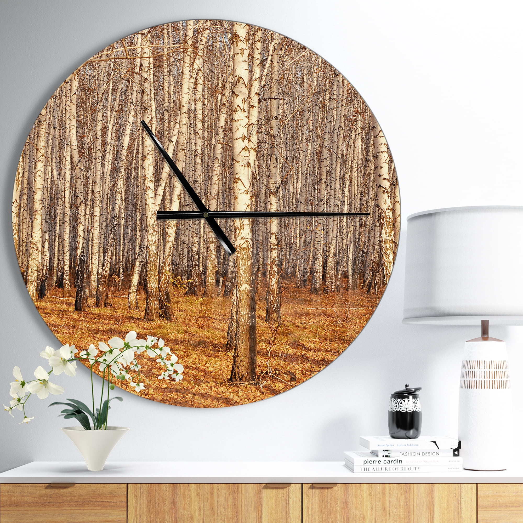 Designart 'Dense Birch Forest in the Fall ' Farmhouse wall clock