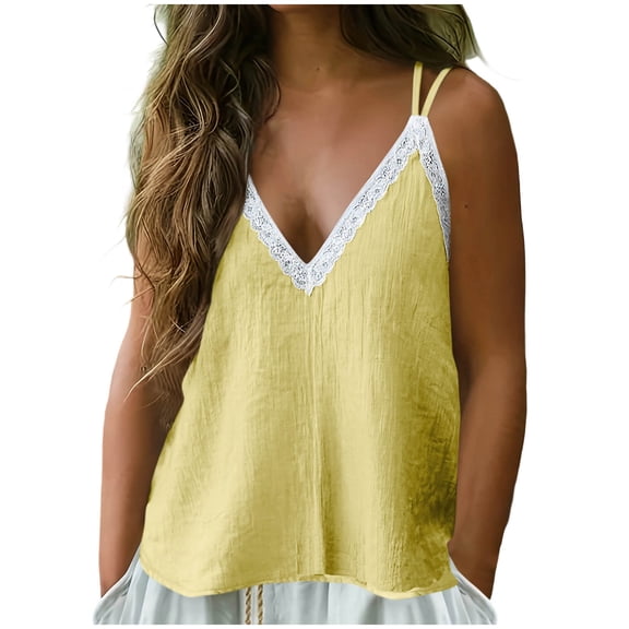 LIaqionyy Womens Summer Tank Tops Cotton Linen Sleeveless Cami Shirts Casual Loose Tunic Spaghetti Strap Camisole