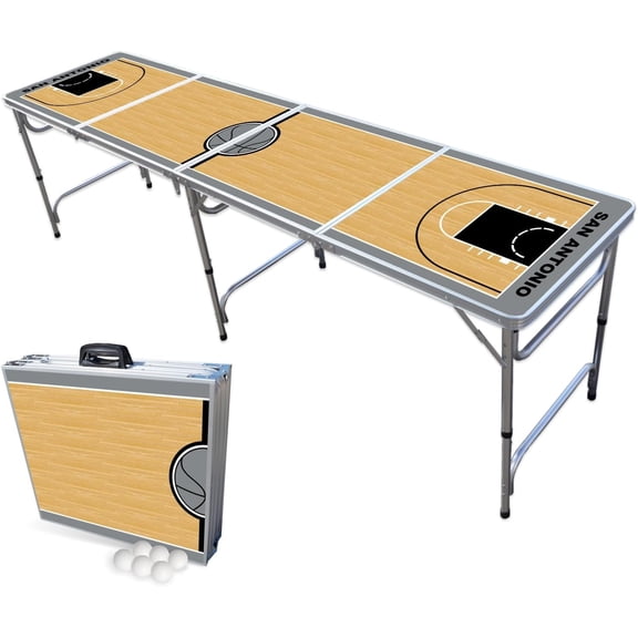 8-Foot Folding Portable Pong Table w/Optional Cup Holes & LED Lights - San Antonio Basketball Court (Choose Your Model)