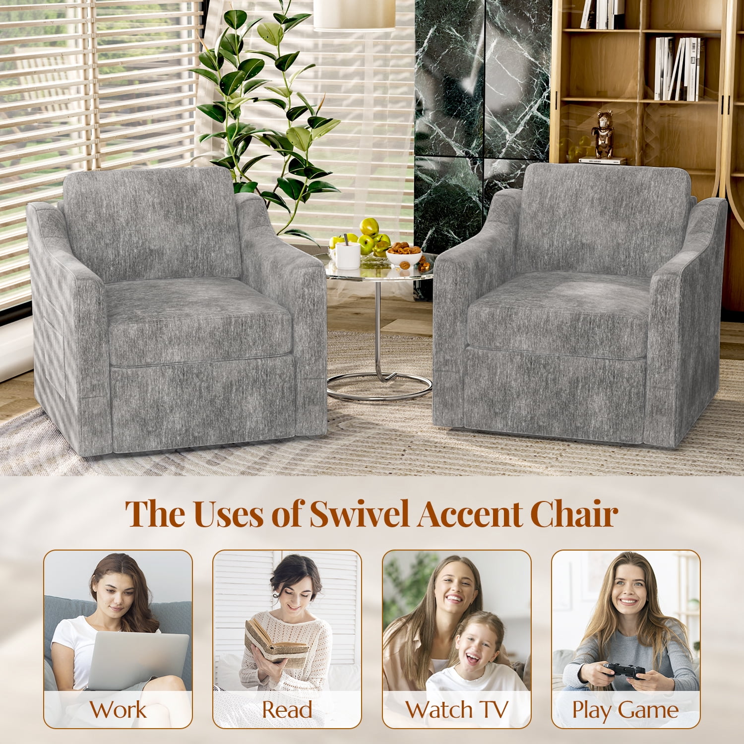 ZBOM 360° Swivel Modern Accent Chair Set of 2, Large Comfy Reading Chairs, Accent Square Single-seat Armchair Upholstered Sofa for Reading, Living Room, Bedroom, Grey